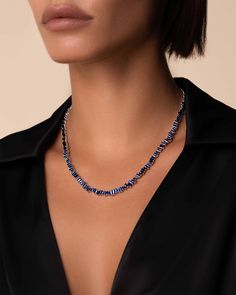 Handcrafted in 18-karat gold, this Baguette Cut Dark Blue Sapphire Tennis Necklace is fun and flexible. Beautiful dark blue sapphire baguettes unevenly set, shine from every angle. Details 18k white gold, yellow gold, or rose gold 17.31 carats of dark blue sapphire baguettes Necklace measures 17.5" inches in length 5mm width Ref: BAP618 Blavk Star Daphire Necklaces, Sapphire Tennis Necklace, Navy Blue Necklace, Blue Sapphire Jewelry, Baguette Necklace, Blue Sapphire Necklace, Suzanne Kalan, Blue Accessories, Comfortable Design