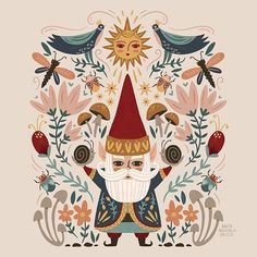 an illustration of a gnome surrounded by flowers and birds