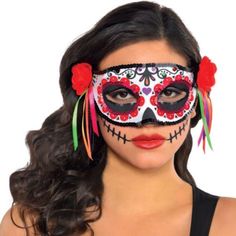 Day of the Dead Mask - Party City 9.99 NOT AVAILABLE AT THIS TIME Day Of The Dead Woman, Sugar Skull Mask, Day Of The Dead Mask, Day Of The Dead Party, Mascaras Halloween, Female Mask, Half Mask