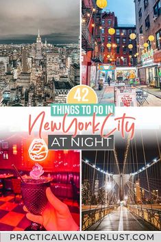 new york city at night with the words 42 things to do in new york