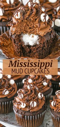 chocolate cupcakes with marshmallows on top and the words mississippi mud cupcakes above them