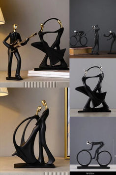 four different views of various black and gold sculptures with bicycles on display in front of them