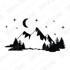 the silhouette of mountains and trees with stars in the sky above them is an image of a