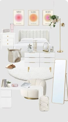 a bedroom with white furniture and accessories in it