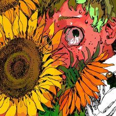 a drawing of a man with sunflowers in front of him and his face