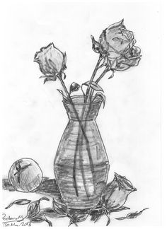 a pencil drawing of three roses in a vase with an apple beside it on the ground