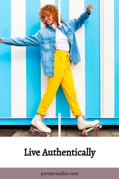 Person in roller skates and bright clothing with a joyful expression against a striped background, captioned "Live Authentically".