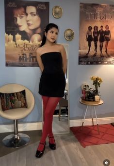 Purple Tights Outfit, Black Dress Red Shoes, Red Stockings Outfit, Color Tights Outfit, Colorful Tights Outfit, Red Tights Outfit, Colourful Tights, Color Tights, Prom Inspo