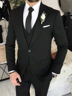 Black Suit Designs, Slim Fit Groom Suit, Groom Attire Black, Black Three Piece Suit, Wedding Suit For Men, Groom Wedding Suit