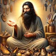 a painting of jesus surrounded by shoes and other items, with the light shining through his eyes