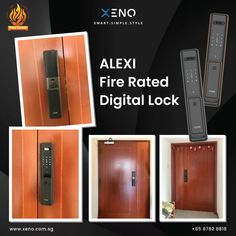 an advertisement for a fire rated digital lock with pictures of the door and handle options