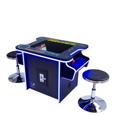 a game table with two stools and a tabletop on the top, in front of a white background