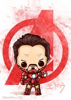 an iron man character in front of a red and white background