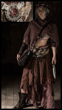 a woman dressed in steam punk clothing holding a knife