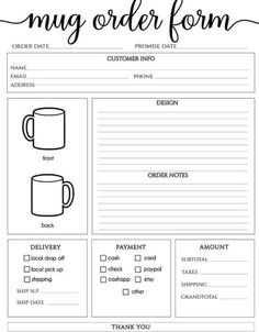 a printable order form with coffee mugs on the front and bottom, in black ink