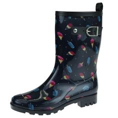 Who says you can't be fashionable when it rains?! These short-shaft rain boots are super-cute and functional at the same time. The all-over umbrella print is colorful and trendy, while the black side buckle can be adjusted so you will always have the perfect fit. You will be pleasantly surprised at how lightweight these boots really are, making it easier for you to trek through puddles and mud. They also easily fit over your jeans and leggings. Add a little personality to your everyday outfits w Casual Multicolor Waterproof Rain Boots, Casual Rain Boots For Rainy Season, Casual Summer Rain Boots With Round Toe, Black Rain Boots For Spring Rainy Weather, Casual Round Toe Rain Boots For Summer, Stylish Rain Boots, Ice Cream Print, Womens Rain Boots, When It Rains