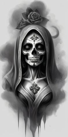 a drawing of a skeleton with roses on it's head and the hood up