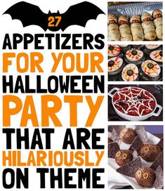 an advertisement for halloween party with pictures of cakes and desserts on it's side