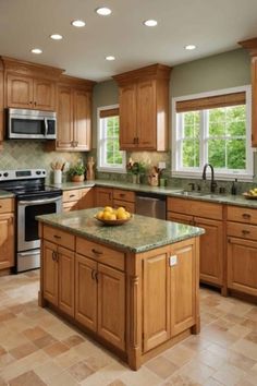 a large kitchen with wooden cabinets and granite counter tops, an island in the middle