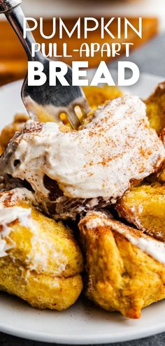 A close up of a plate holding several pieces of frosted pumpkin pull apart bread with a fork spearing into the top piece for a bite. Pull Apart Monkey Bread, Pumpkin Pull Apart Bread, Tear And Share Bread, Pumpkin Spice Bread, Bread Pull Apart Recipes, Cinnamon Cream Cheese, Favorite Breakfast Recipes, Everything Good