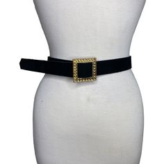 Elegant vintage belt featuring a black velvet strap and a decorative gold-tone square buckle. Versatile and stylish accessory.  Total length 36".  Excellent pre-owned condition. vintage belt, black velvet belt, gold-tone buckle, adjustable belt, waist belt, retro fashion, elegant accessory, classic style, womens belt, square buckle belt, gold buckle belt, velvet waist belt, chic belt *Please see photos for measurements. *Please message with any questions about this item. Elegant Adjustable Belt, Adjustable Belt With Antique Buckle For Party, Black Rectangular Belt For Formal Occasions, Gold Elegant Belt, Gold Rectangular Belt For Formal Occasions, Elegant Gold Rectangular Belt, Adjustable Gold Belt For Evening, Gold Rectangular Elegant Belt, Elegant Adjustable Rectangular Belt