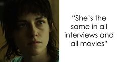 a woman looking at the camera with a quote above her that reads, she's the same in all interviews and all movies