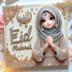 a card with an image of a woman wearing a hijab and the words eid mubarak on it