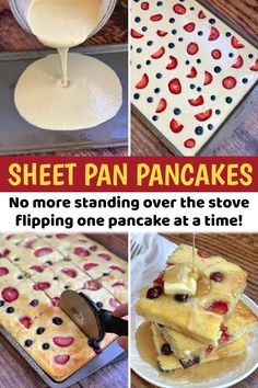 sheet pan pancakes are stacked on top of each other and ready to be baked in the oven