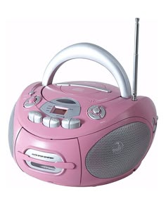 a pink boombox with an mp3 player attached to it