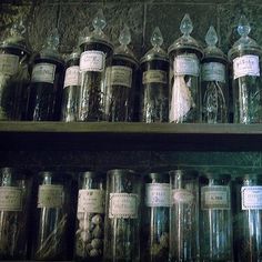 many jars are lined up on the shelves