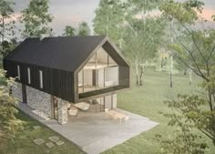 an artist's rendering of a small cabin in the middle of some trees and grass