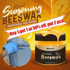 an advertisement for beeswax is shown with the image of a person holding a paint roller