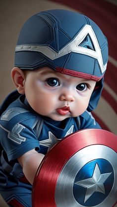 a baby dressed as captain america holding a shield