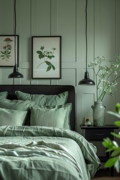 a bed with green sheets and pillows in a room next to two pictures on the wall