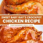 two pictures with the words sweet baby ray's crockpot chicken recipe on them