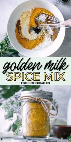 the ingredients for golden milk spice mix in a white bowl with a whisk on top