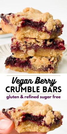 vegan berry crumble bars stacked on top of each other