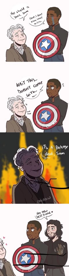 two comics with captain america and an older man