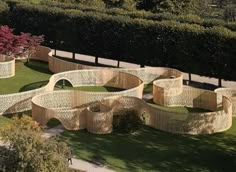 an aerial view of a circular garden area