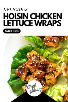 chicken lettuce wraps on a plate with sesame seeds