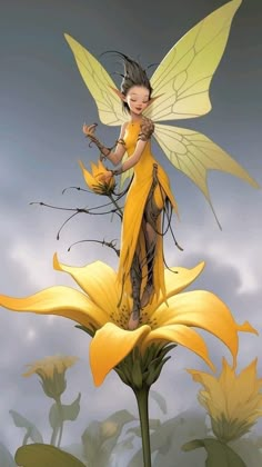 a painting of a fairy standing on top of a yellow flower with her arms outstretched