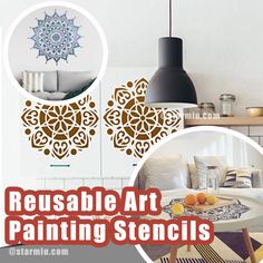 an advertisement for reusable art painting stencils, including oranges and apples