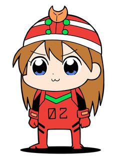 a cartoon character with big eyes and brown hair wearing a red outfit, standing in front of a white background