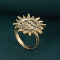 "Sun Ring, Sleeping Sun Ring, Gold Sun Face Ring, Celestial Jewelry, Minimalist Ring, Sunshine Ring, Gold Ring, Sun Charm, Vintage Ring Size:- All Size Available In Variation Metal:- Brass IMPORTANT NOTE....👇 1 product free gift on purchase of 4 products. You can choose the free gift as your wish. Take a screenshot of the free gift you like from my shop and send me a photo in personal message. MUST READ....👇 5 stars is my shop's priority. So contact me before leaving any negative review. I am Golden Sun Jewelry, Gold Hippie Jewelry, Gold Celestial Jewelry, Open Ring With Sun And Moon Design For Gift, Sun Design Ring Jewelry Gift, Celestial Hand Forged Rings For Gifts, Celestial Style Hand Forged Rings For Gift, Celestial Hand Forged Rings As Gift, Gold Rings With Sun Design For Gift