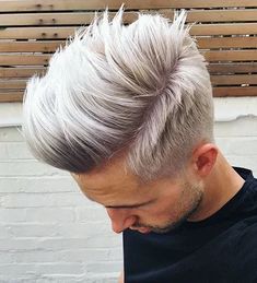 Long Textured Brush Up with Tapered Sides White Blonde Hair Color, Men With Grey Hair, Mens Toupee, White Blonde Hair, Men Hair