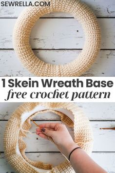 a crochet wreath with text overlay that says, i skin wreath base free crochet pattern