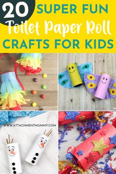 toilet paper roll crafts for kids with text overlay that reads 20 super fun toilet paper roll crafts for kids