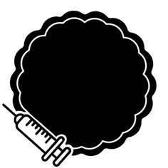 a black and white drawing of a syring on top of a circle with the needle pointing