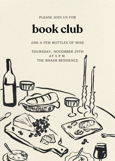 an image of a table with food and wine on it for a book club party