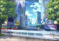 an animated city scene with tall buildings and trees in the foreground, on a sunny day